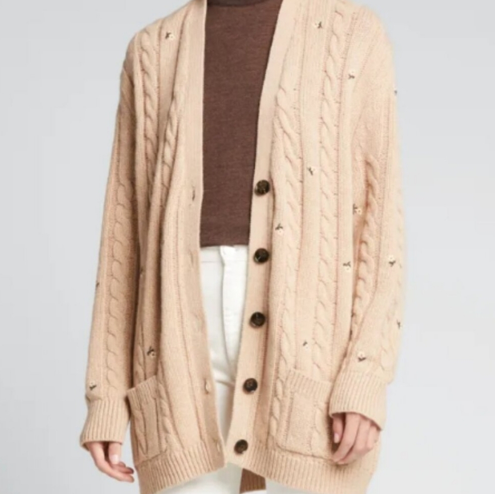 The Great  Embroidered Wool Cashmere Knit Cardigan Oatmeal Long Size 1 US Small - Picture 6 of 11
